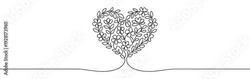 Continuous one line drawing of a heart filled with flowers and leaves, a minimalist and elegant black and white illustration symbolizing love, romance, and nature's growth