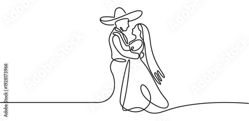Continuous one line drawing of a romantic wedding couple embracing, the groom in a traditional sombrero and the bride in a flowing dress and veil, in a minimalist style