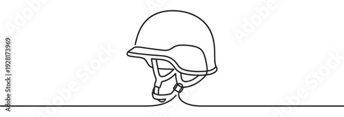 Military combat helmet drawn in a continuous single black line, showcasing a minimalist and modern artistic style with clean contours and simple details for a graphic concept