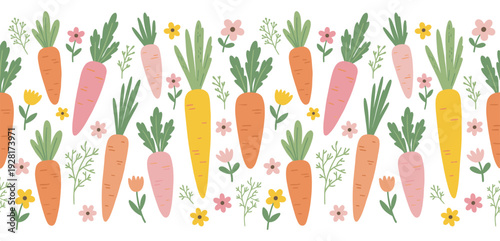 Colorful illustrated carrots with green leafy tops and cute flowers create a whimsical seamless border pattern in a charming hand-drawn doodle style for a cheerful spring design
