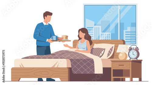 Caring man bringing breakfast in bed on a tray to a woman resting under the covers in a modern bedroom with a large window showing a city view in the morning