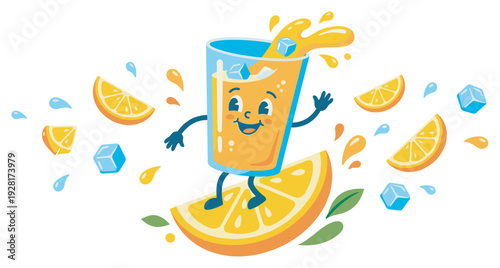 Happy cartoon orange juice character in a glass with ice cubes joyfully surfs on a fresh citrus slice amid vibrant splashes of liquid in a fun vector illustration