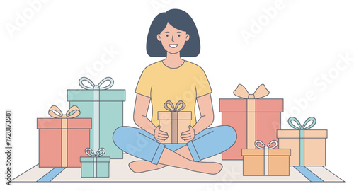 Happy young smiling woman sitting cross-legged on the floor holds a present and is surrounded by many colorful gift boxes for a special celebration or holiday event