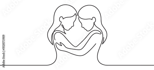 Two women embracing in a continuous one line drawing style, showing a tender moment of support, friendship, and love in a minimalist black and white vector illustration