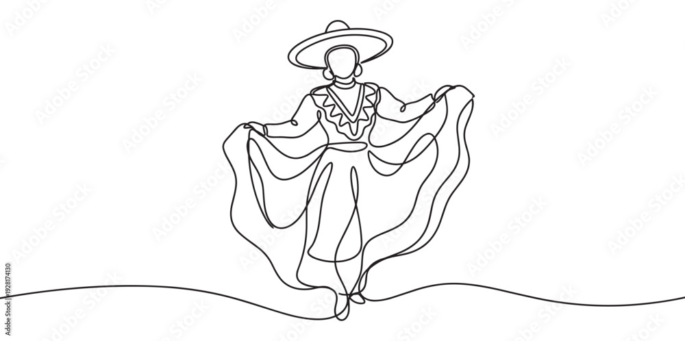 Obraz premium Continuous one line drawing of a woman in a traditional folk costume and wide-brimmed hat performing a graceful dance, holding her flowing skirt in a minimalist artistic style