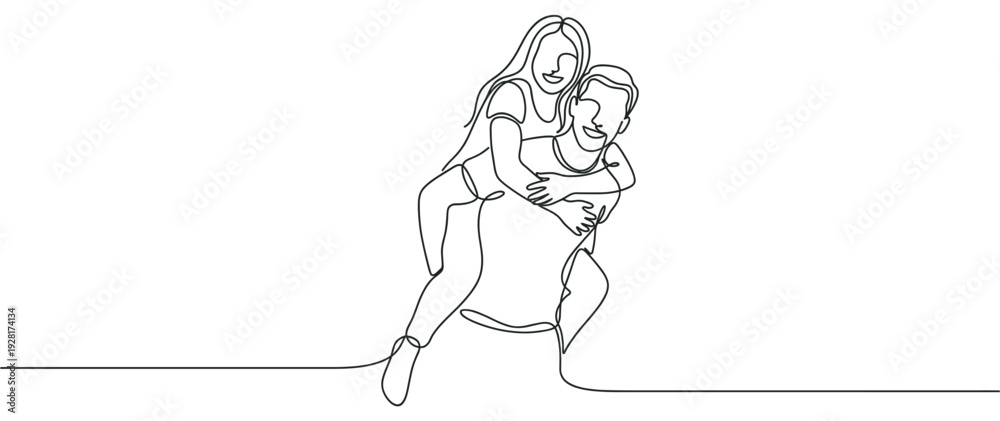 Fototapeta premium Continuous one line drawing of a happy man giving his smiling girlfriend a piggyback ride, illustrating a romantic and playful relationship in a minimalist black and white art style