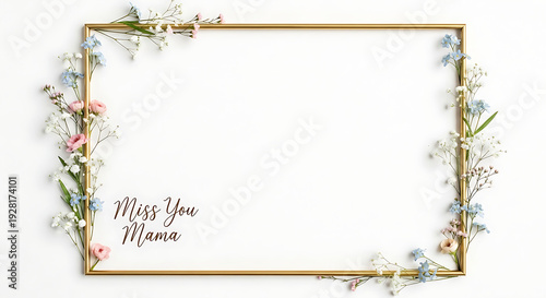 A gold picture frame with flowers and the words Miss You Mama on a white background