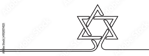 Black continuous line drawing of a Star of David, a minimalist Jewish religious symbol created with a single unbroken stroke in a simple graphic illustration style