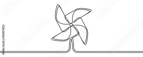 Simple black pinwheel toy drawn in a continuous one line art style, a minimalist graphic illustration representing childhood, playfulness, wind power, and simple joy