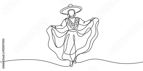 Continuous one line drawing of a woman in a traditional folk costume and wide-brimmed hat performing a graceful dance, holding her flowing skirt in a minimalist artistic style