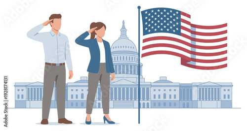 Patriotic man and woman saluting respectfully in front of a national flag and a large government capitol building in a flat vector illustration style