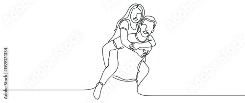 Continuous one line drawing of a happy man giving his smiling girlfriend a piggyback ride, illustrating a romantic and playful relationship in a minimalist black and white art style