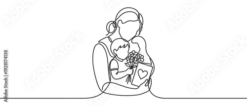 One line drawing of a mother hugging her two children who are giving her flowers and a greeting card with a heart for a special occasion, rendered in a minimalist black and white style