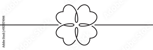Simple black line drawing of a four-leaf clover, created with one continuous stroke, serves as a decorative element on a straight horizontal divider in a clean, minimalist vector style