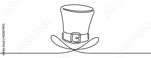 Continuous one-line drawing of a leprechaun's hat with a prominent buckle, representing a minimalist and modern interpretation of a classic St. Patrick's Day symbol