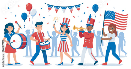 Diverse group of happy people marching in a festive holiday parade, playing drums and a trumpet, waving a stars and stripes flag, and celebrating under falling confetti