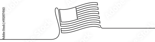 Continuous single line drawing of a national flag with stripes and a canton waving in the wind, rendered in a minimalist black and white artistic style for patriotic concepts
