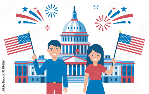 Happy patriotic couple holding American flags celebrates a national holiday in front of a government building with festive fireworks in a flat vector illustration style