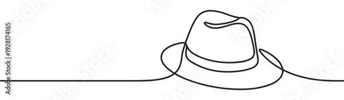 Classic fedora hat drawn in a continuous one-line art style, showcasing a minimalist and elegant design for a stylish, modern, and artistic aesthetic