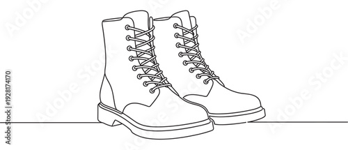 Pair of classic combat boots with laces and thick soles drawn in a continuous single line art style, a minimalist black and white vector illustration for fashion or footwear concepts