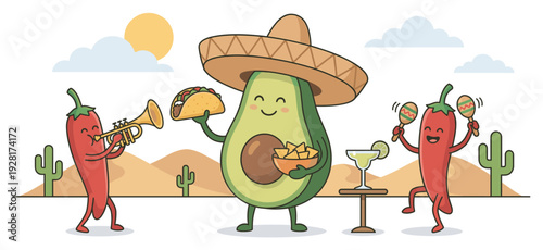 Cute avocado character in a sombrero holding a taco and nachos celebrates a fiesta with chili peppers playing the trumpet and maracas
