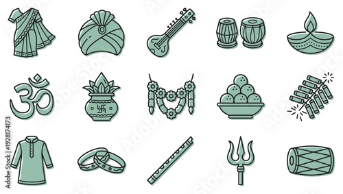 Set of traditional Indian cultural icons including a sari, turban, sitar, diya lamp, and Om symbol, rendered in a clean, minimalist line art style with a soft green accent