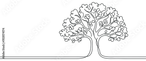Continuous one-line drawing of a stylized tree with a lush, rounded crown and thick trunk, rendered in a minimalist black and white graphic illustration style