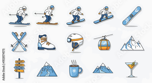 Skiing Icons Set with Mountains, Skis, Boots and and Drinks