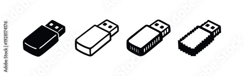 Isometric USB Flash Drive Icons Set - Portable Data Storage Symbols in Varied Styles