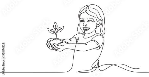 Young smiling girl holding a plant sprout drawn in a continuous single line art style, symbolizing environmental conservation, hope for the future, and new life
