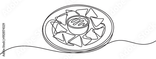 Plate of nachos with a dip bowl in the center, illustrated in a minimalist continuous one-line drawing style, showcasing a popular and savory appetizer snack