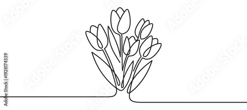 Continuous one line drawing of a tulip bouquet with elegant flowers and leaves in a minimalist artistic style, representing spring, love, and nature in a simple black outline