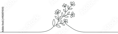 Continuous single line drawing of a delicate flower with leaves, created in a minimalist black and white style, forming an elegant and simple botanical illustration in a panoramic format