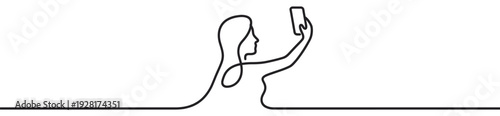 Continuous one line drawing of a woman taking a selfie with a smartphone in a minimalist, abstract art style, representing modern communication and self-portraiture