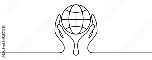 Continuous single line drawing of human hands carefully holding a planet earth globe, a minimalist black and white illustration symbolizing global unity and conservation