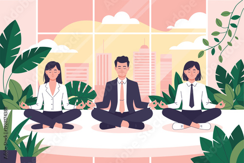 Meditation vector illustration of business people in lotus position with plants