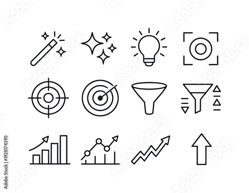 Line style vector icons of AI helper: wand, spark, idea, focus; target, radar, filter, sort; graph, chart, trend, arrowup Strict