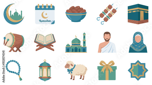 Collection of colorful flat Islamic icons representing religious holidays and traditions, including a mosque, Kaaba, Quran, lantern, dates, and prayer beads for celebration