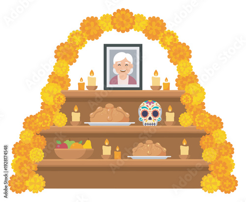 Traditional Day of the Dead altar illustration with marigolds, a sugar skull, pan de muerto, and a photograph of an ancestor for the cultural holiday celebration
