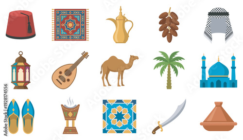 Collection of colorful flat design icons representing Arabic culture including a camel, mosque, fanous lantern, dates, and a traditional dallah coffee pot