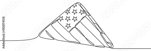 Folded national flag with stars and stripes drawn in a continuous single line art style, symbolizing patriotism, honor, and remembrance for a fallen hero or veteran