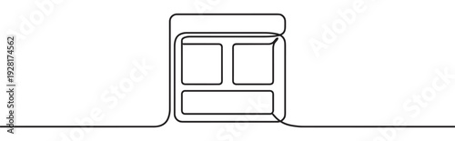 Continuous black line drawing of a website layout wireframe in a minimalist, abstract style, symbolizing web design, user interface development, and digital structure