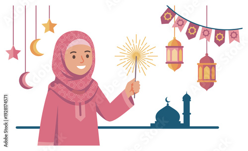 Smiling Muslim woman in a pink hijab holds a festive sparkler during a religious celebration with hanging lanterns, stars, and a mosque silhouette