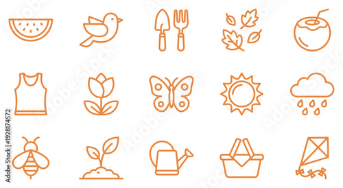Collection of orange seasonal line art icons for summer and spring, featuring symbols of nature, weather, gardening, and outdoor activities in a clean minimalist style