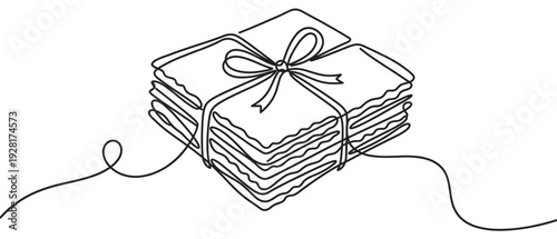 Stack of old letters tied with a ribbon and bow drawn in a continuous single line art style, representing memories, correspondence, and sentimental value