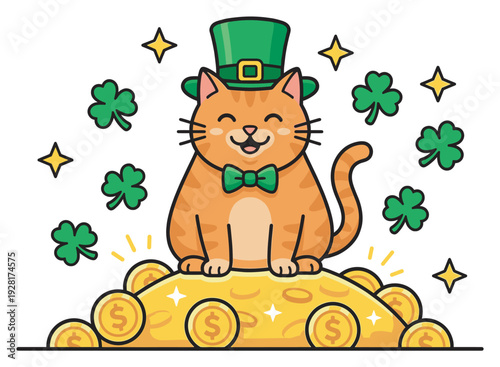 Cute ginger cartoon cat wearing a green leprechaun hat and bow tie sits happily on a pile of shiny gold coins surrounded by shamrocks for a festive holiday celebration
