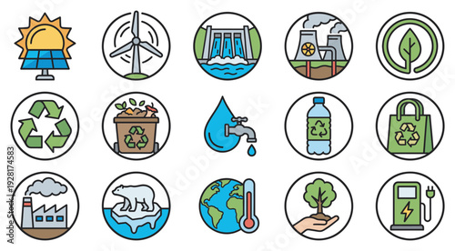 Colorful set of ecology and environment icons showing renewable energy, recycling, pollution, and conservation concepts in a simple line art style for various sustainability themes