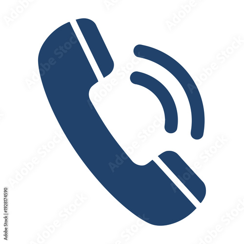 Blue telephone receiver icon with sound waves emitting from mouthpiece