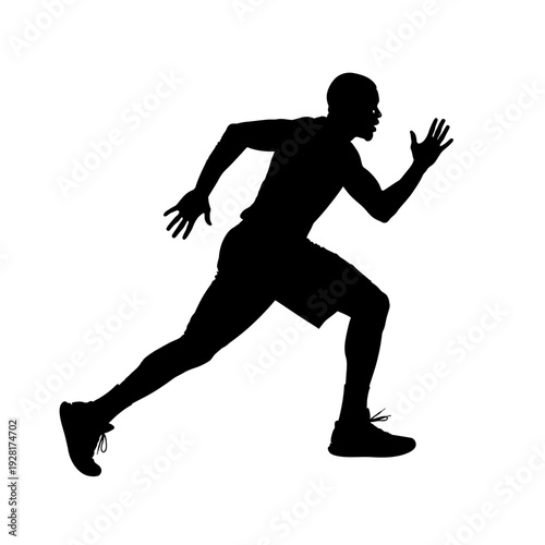Silhouette of a sprinting athlete in full motion against white background.