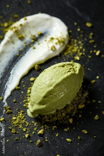 Elegant Pistachio Gelato Presentation, Gourmet Dessert Background, Foodie Wallpaper